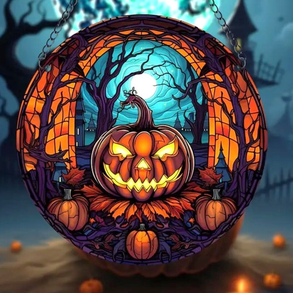 Halloween Jack O Lantern Suncatcher Scary Spooky Pumpkin Hanging In/Outdoor Deco